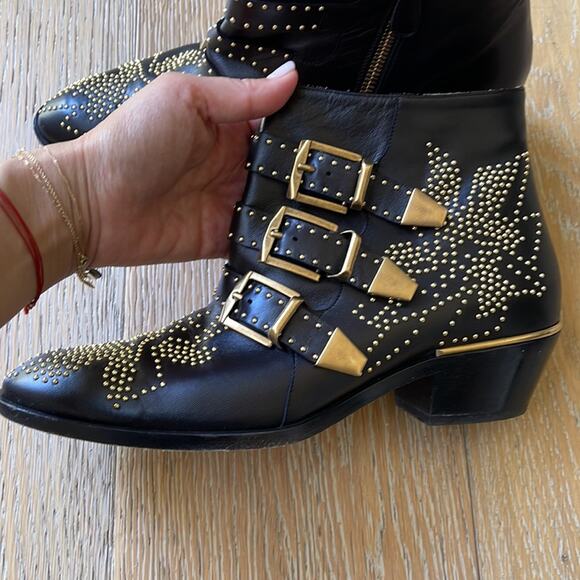 CHLOE Susanna Studded Leather Ankle Boots Black Gold 37.5 - Picture 8 of 10
